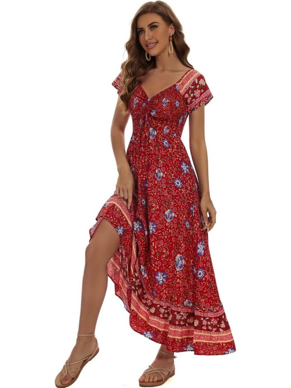 Floral Smocked Maxi Dress - Casual Flowy Tiered A-Line Boho Beach Party Dress
